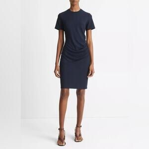 Vince Jersey Ruched Short-Sleeve Dress Navy Blue Medium
